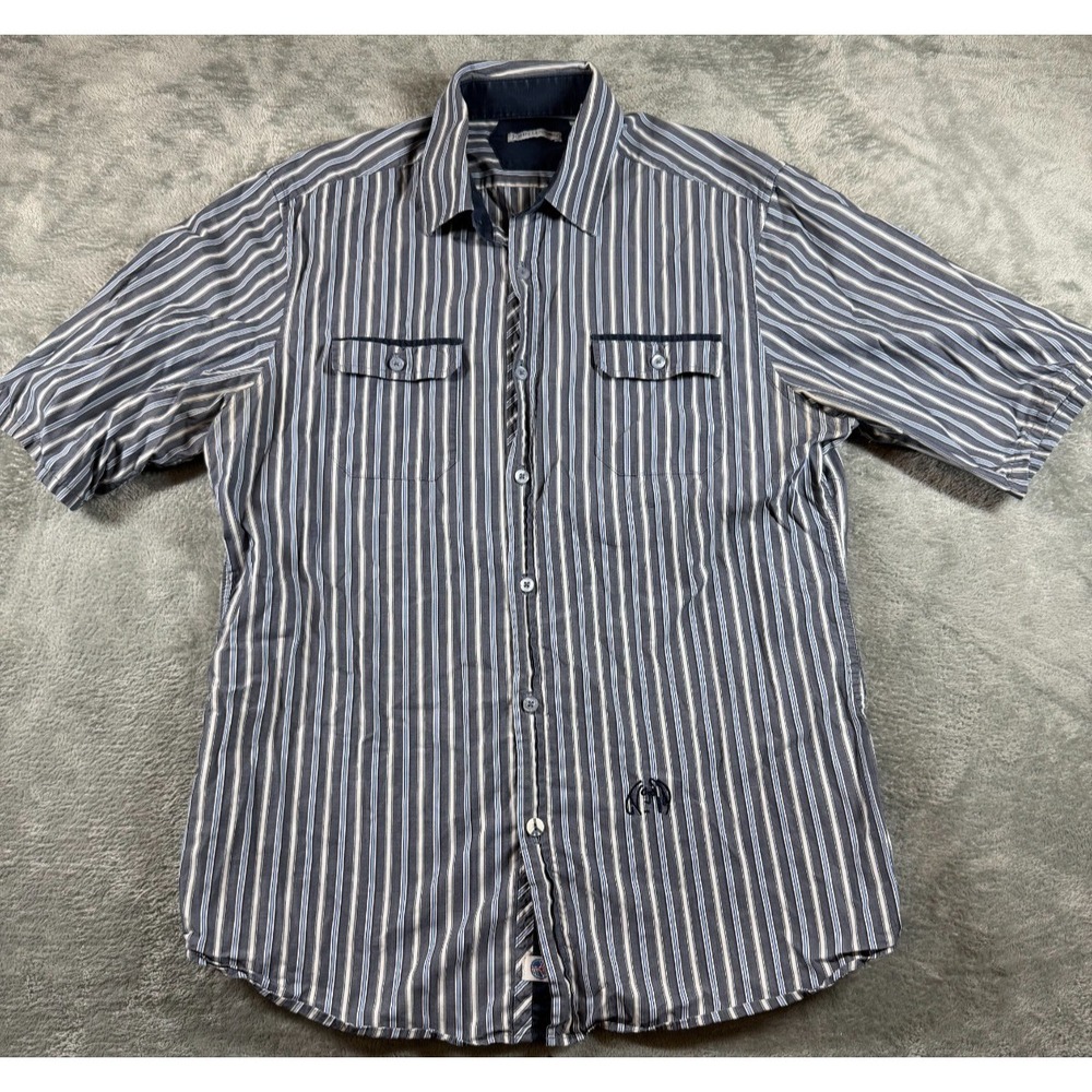 John Lennon Striped Button Shirt L Embroidered Logo Short Sleeve Casual